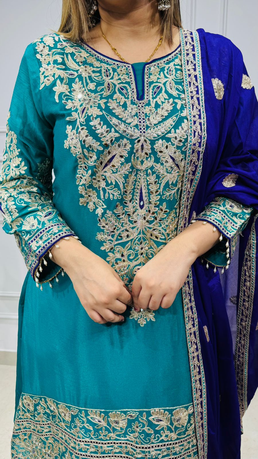 Nehvra🩵 | Luxury Teal Embroidered Punjabi Suit Set with Zari Work and Contrast Dupatta