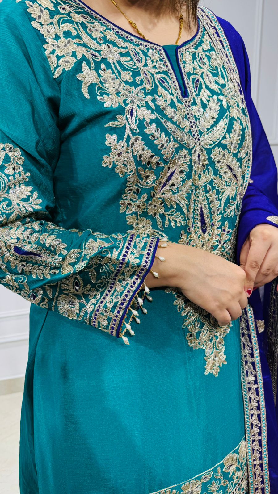 Nehvra🩵 | Luxury Teal Embroidered Punjabi Suit Set with Zari Work and Contrast Dupatta