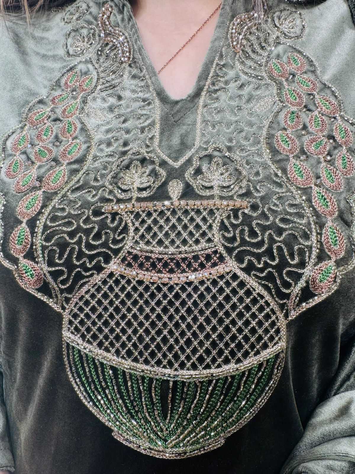 Tashwi🌺 | Deep Olive Velvet Suit Set with Antique Zari Embroidery and Matching Dupatta