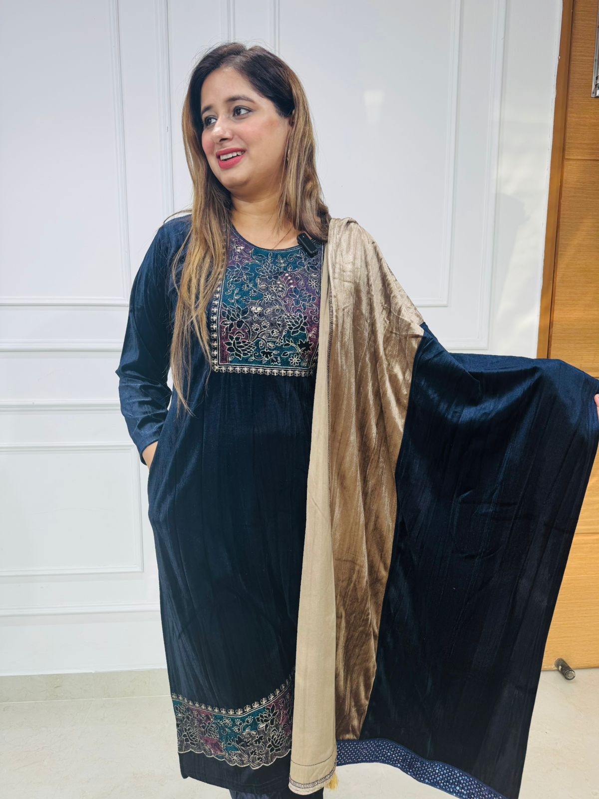Vayra🦋 | Elegant Navy Velvet Festive Suit Set with Taupe Gold Dupatta