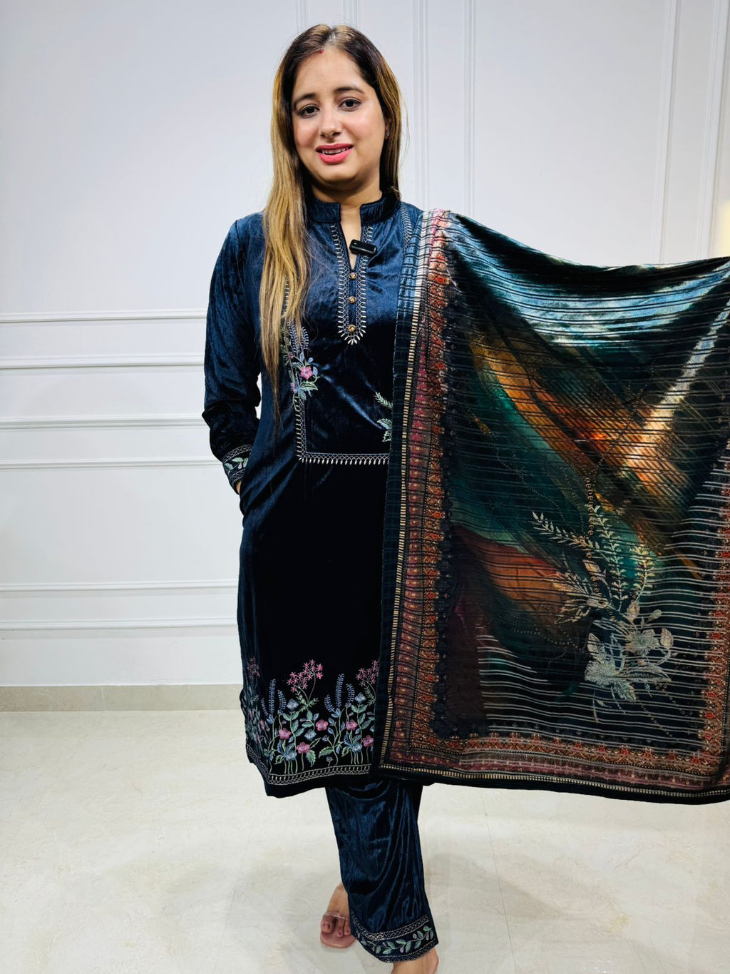 Meherbaan 🌷 | Deep Blue Velvet Embroidery Suit with Artistic Shawl Dupatta