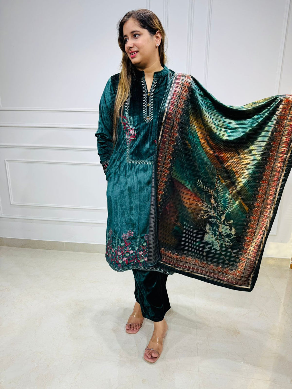 Aarohi 🌿 | Teal Green Velvet Embroidery Suit with Artistic Shawl Dupatta