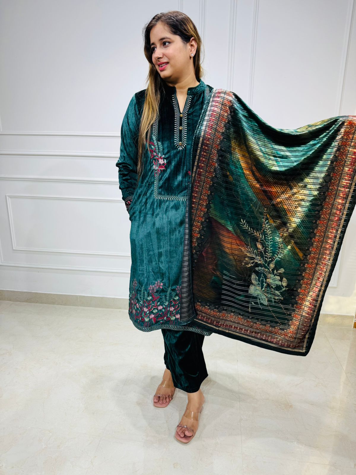 Aarohi 🌿 | Teal Green Velvet Embroidery Suit with Artistic Shawl Dupatta