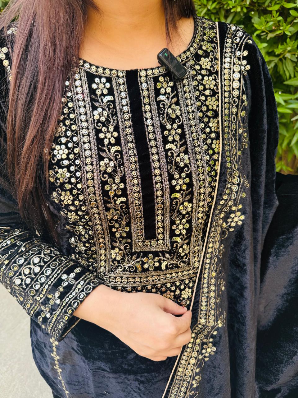 Black Velvet Embroidered Pakistani Suit Set.