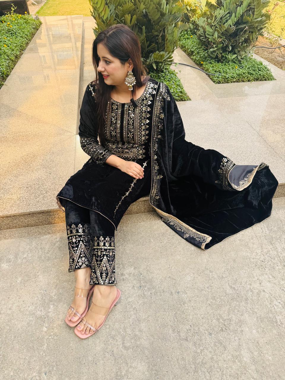 Black Velvet Embroidered Pakistani Suit Set.