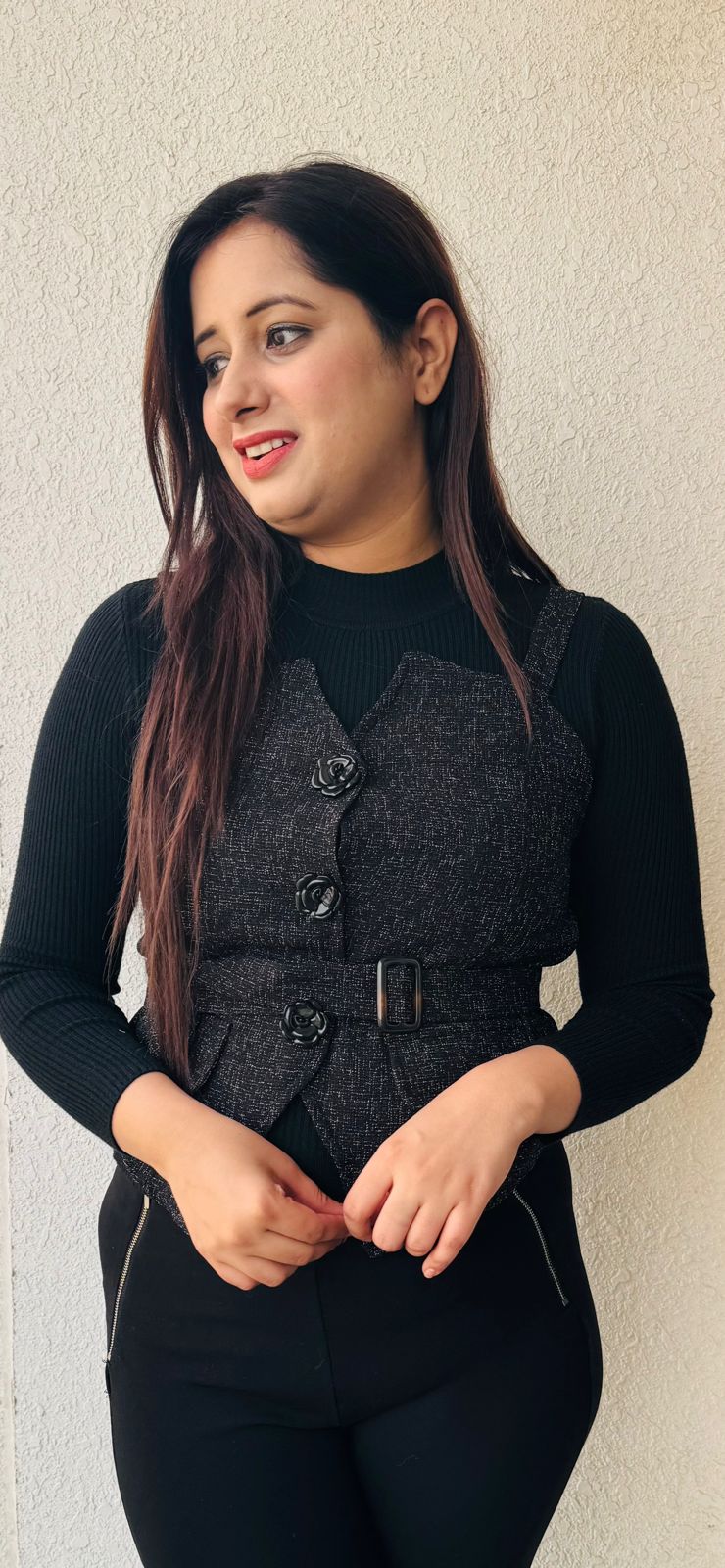 Noir (Black)| Rose Tweed Belted Jacket