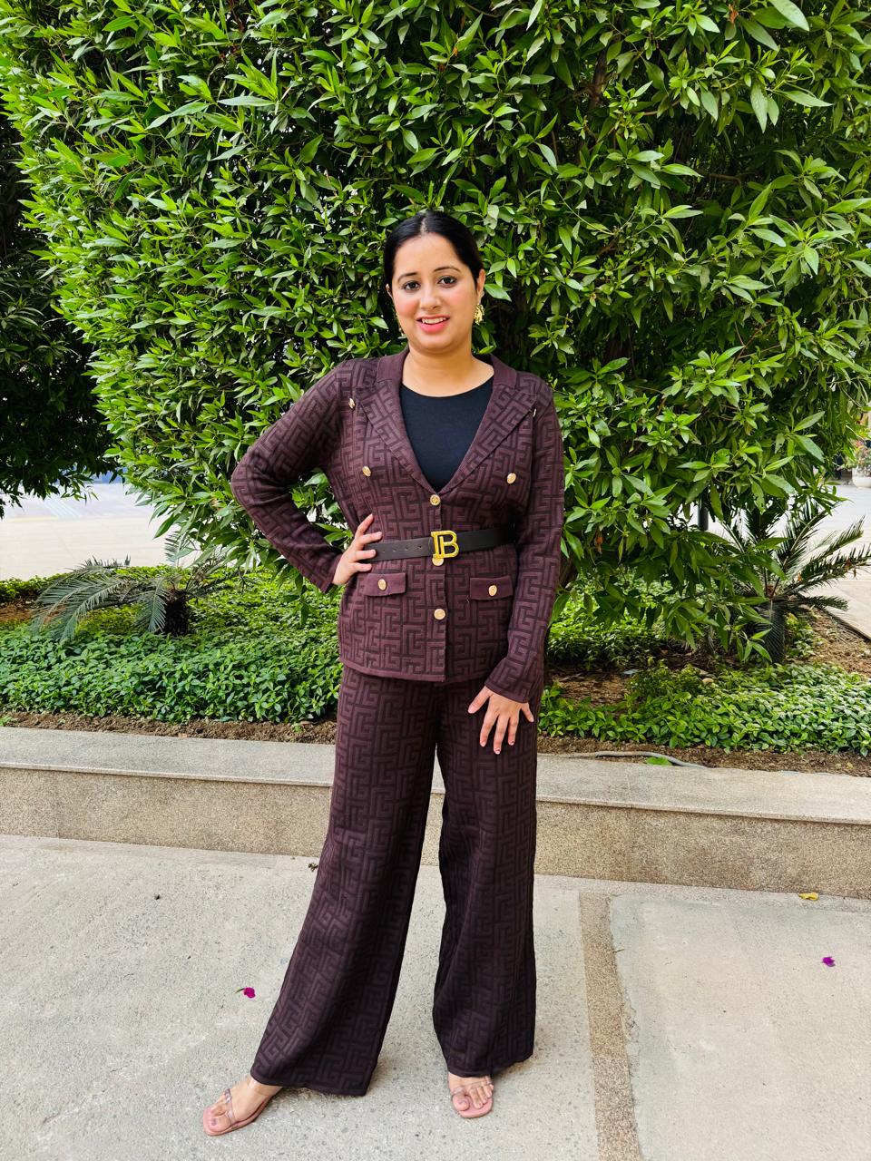 Brunetta | Chocolate Brown Textured Pant Suit Set