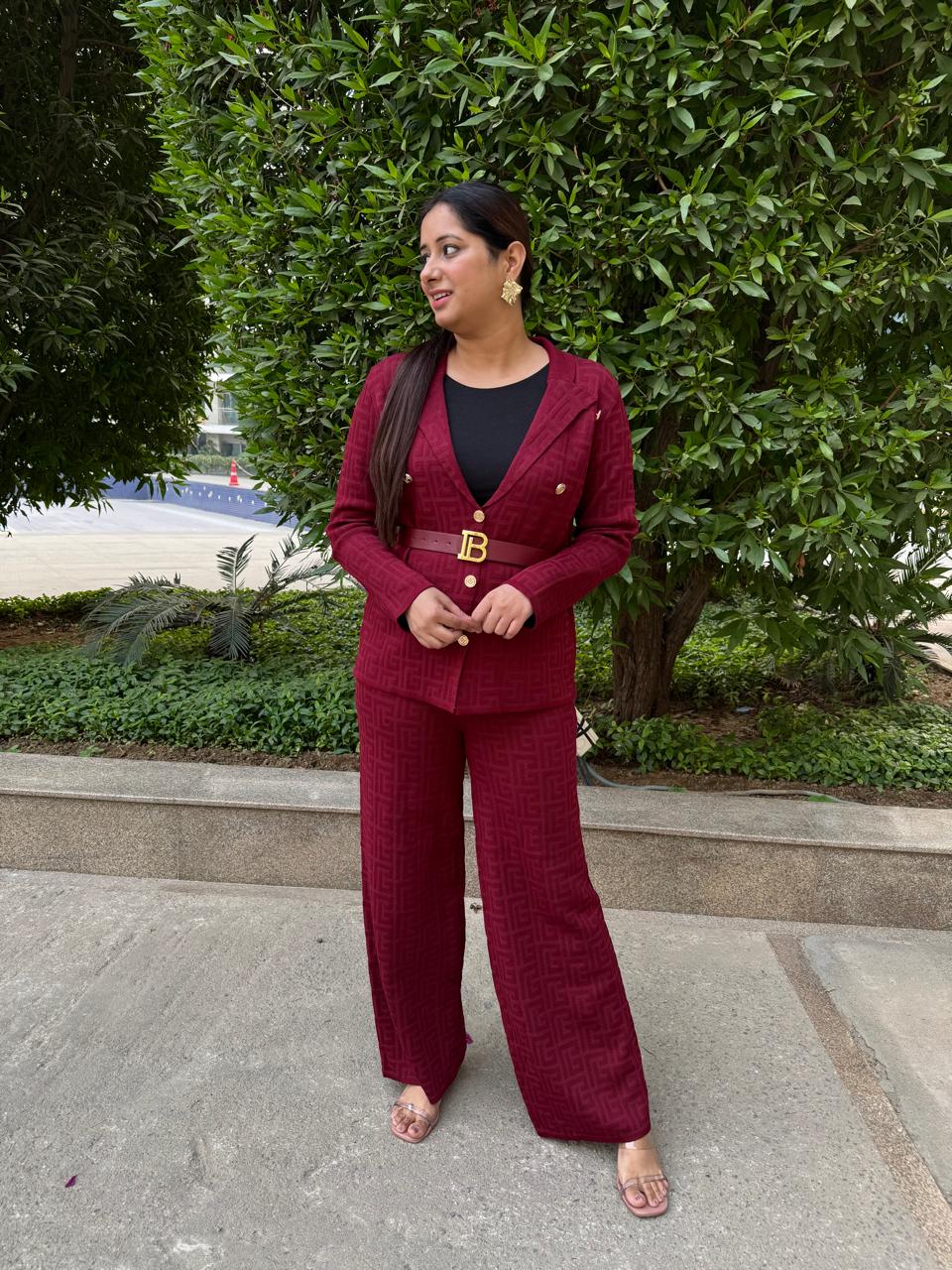 Rovira | Burgundy Textured Pant Suit Set