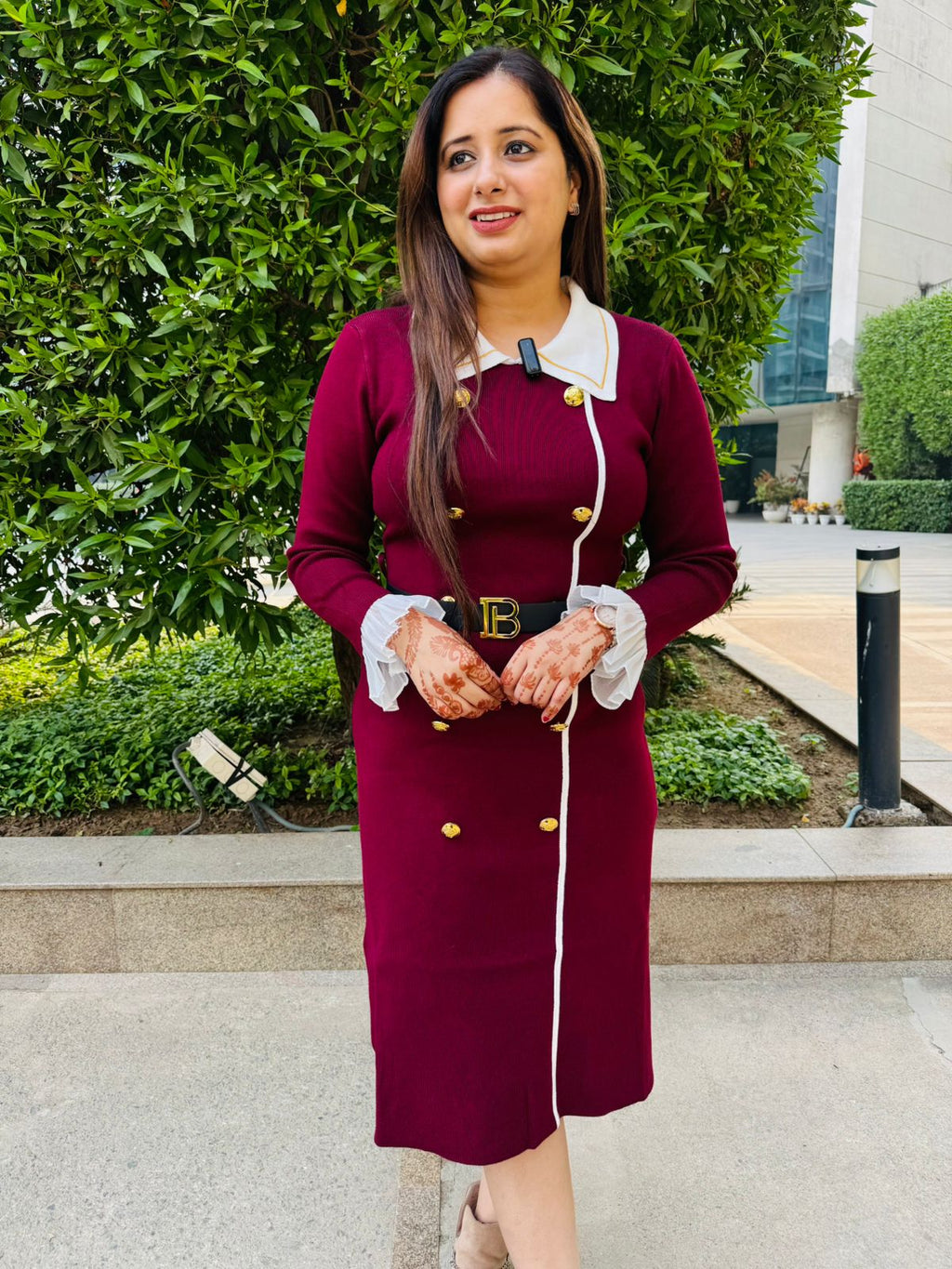 Regalia | Elegant Burgundy Double-Breasted Midi Dress with Contrast Collar and Cuffs