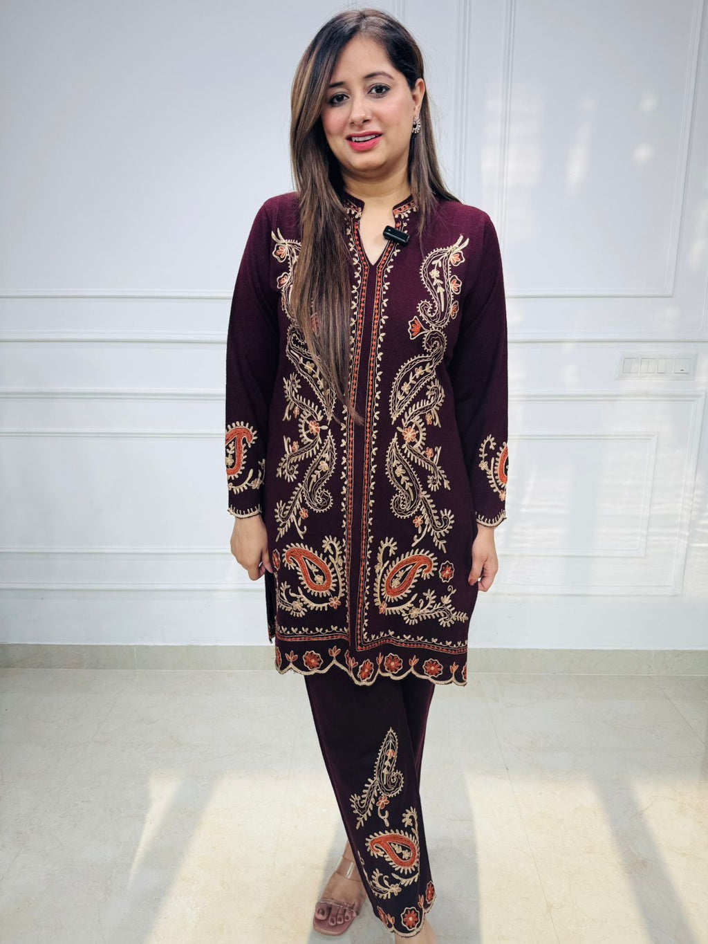 Zaria | Maroon Kashmiri Embroidered Wool Coord Set