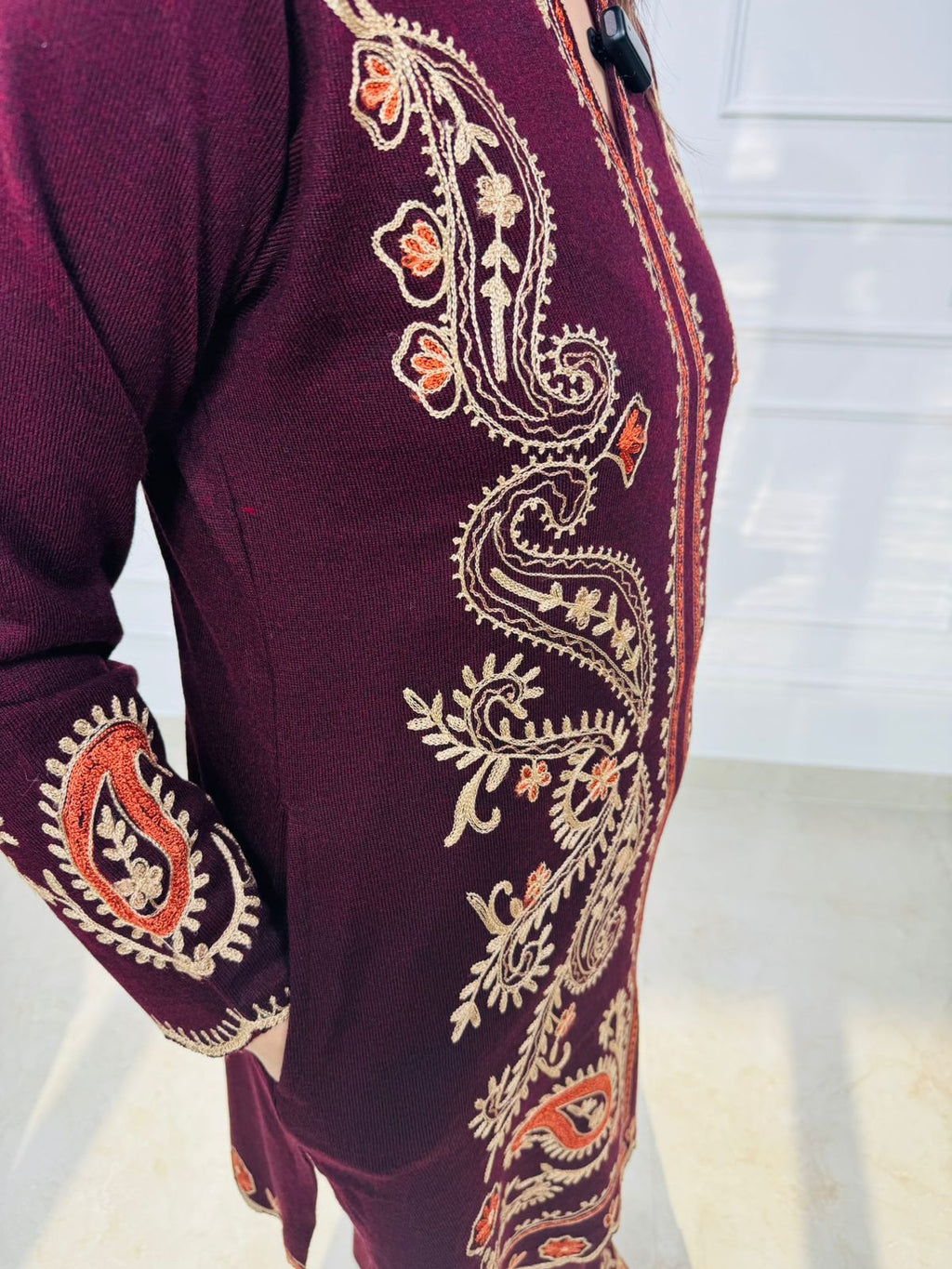 Zaria | Maroon Kashmiri Embroidered Wool Coord Set