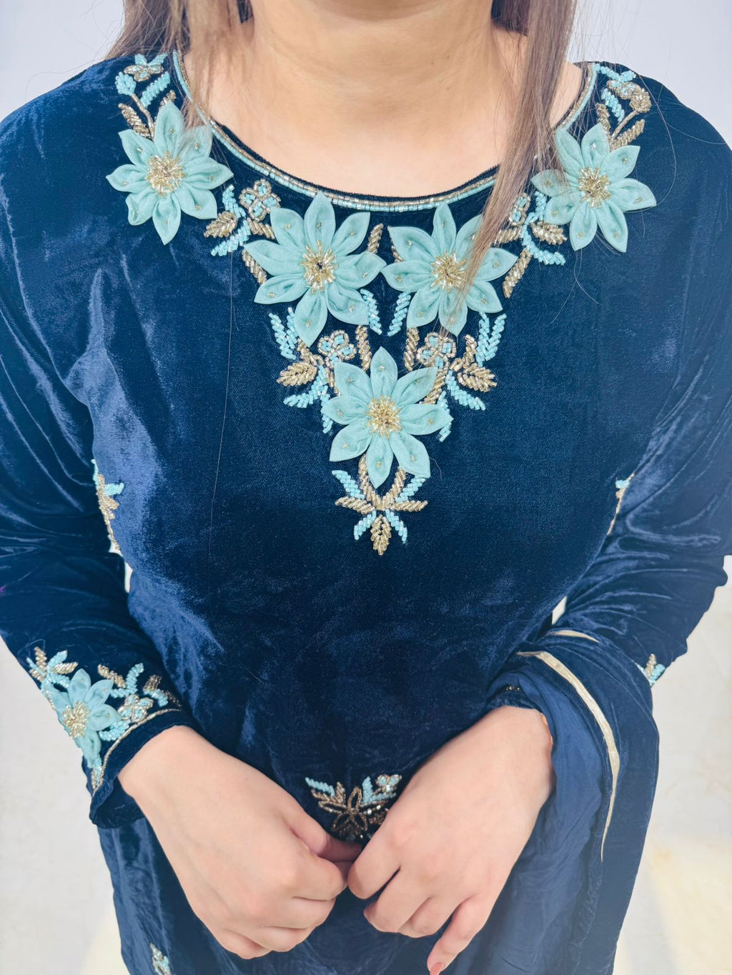 Eclipse | Embroidered Velvet Kurta Set in Midnight Blue