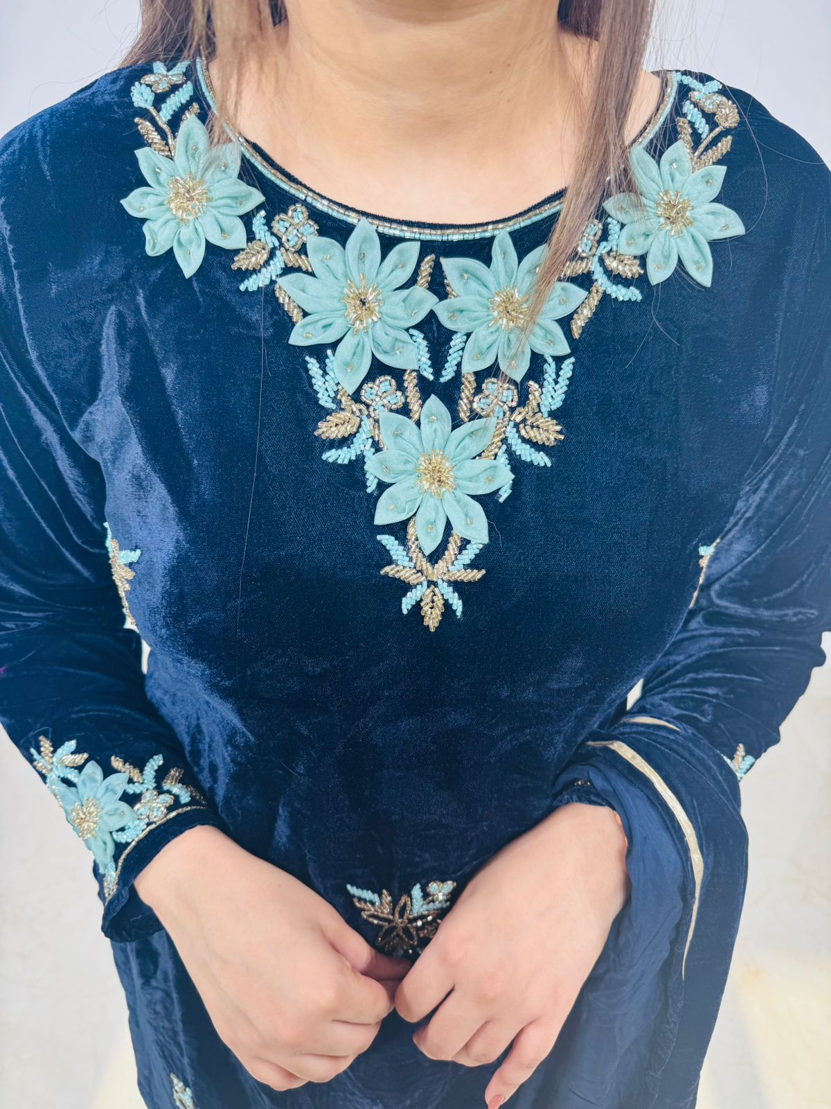 Eclipse | Embroidered Velvet Kurta Set in Midnight Blue