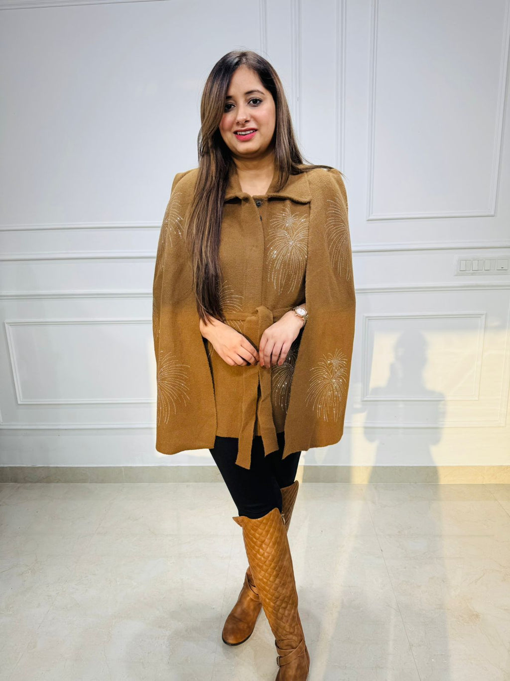 Nova | Embellished Wool Cape in Mocha Brown