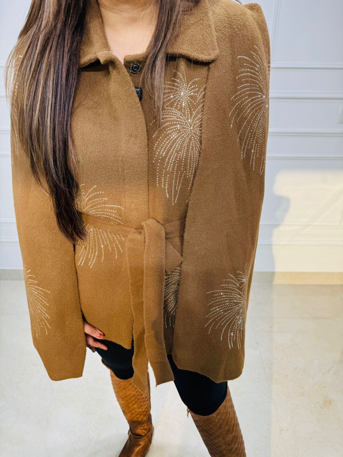 Nova | Embellished Wool Cape in Mocha Brown