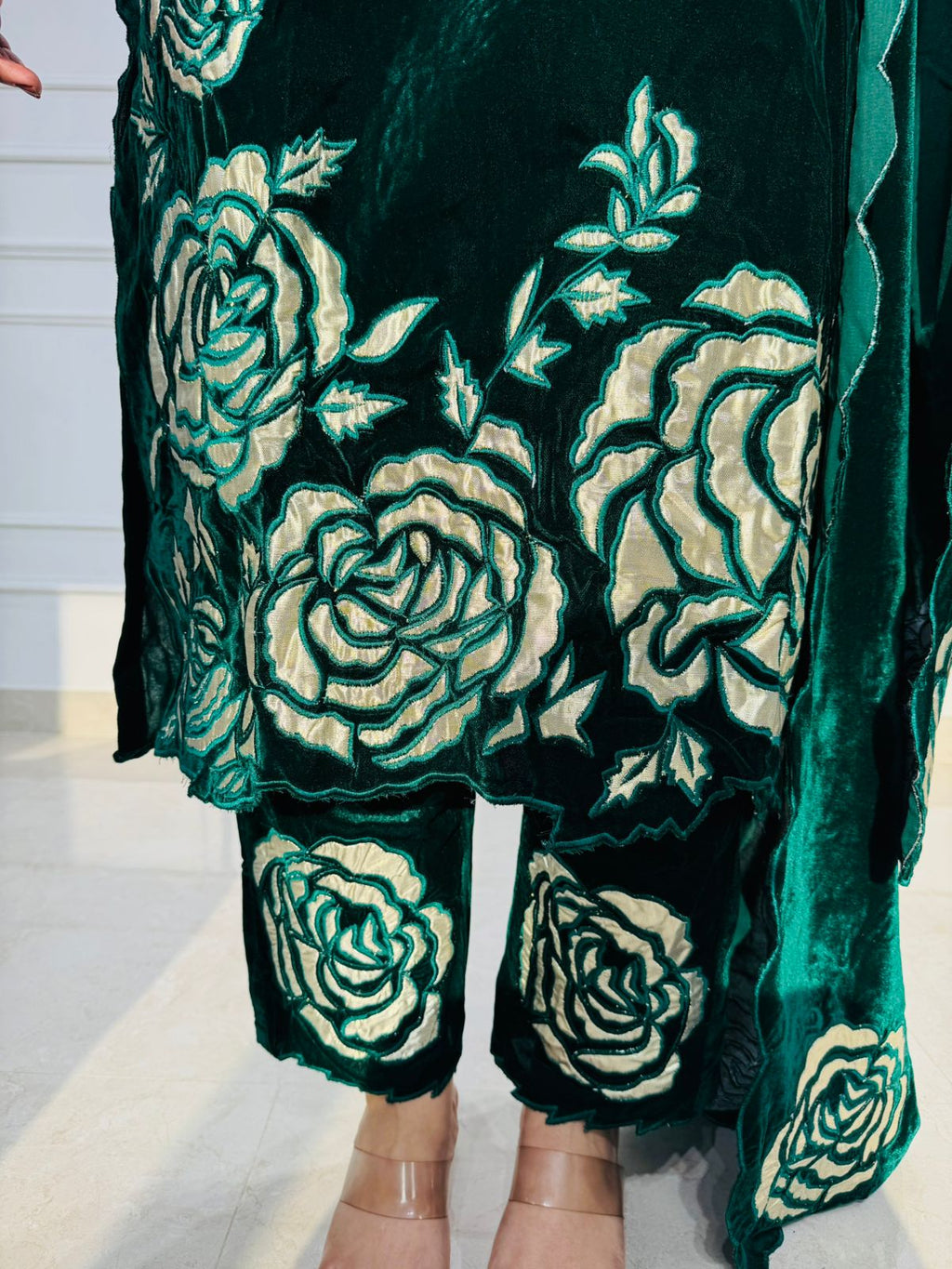 Emerald Green Velvet Floral Suit Set