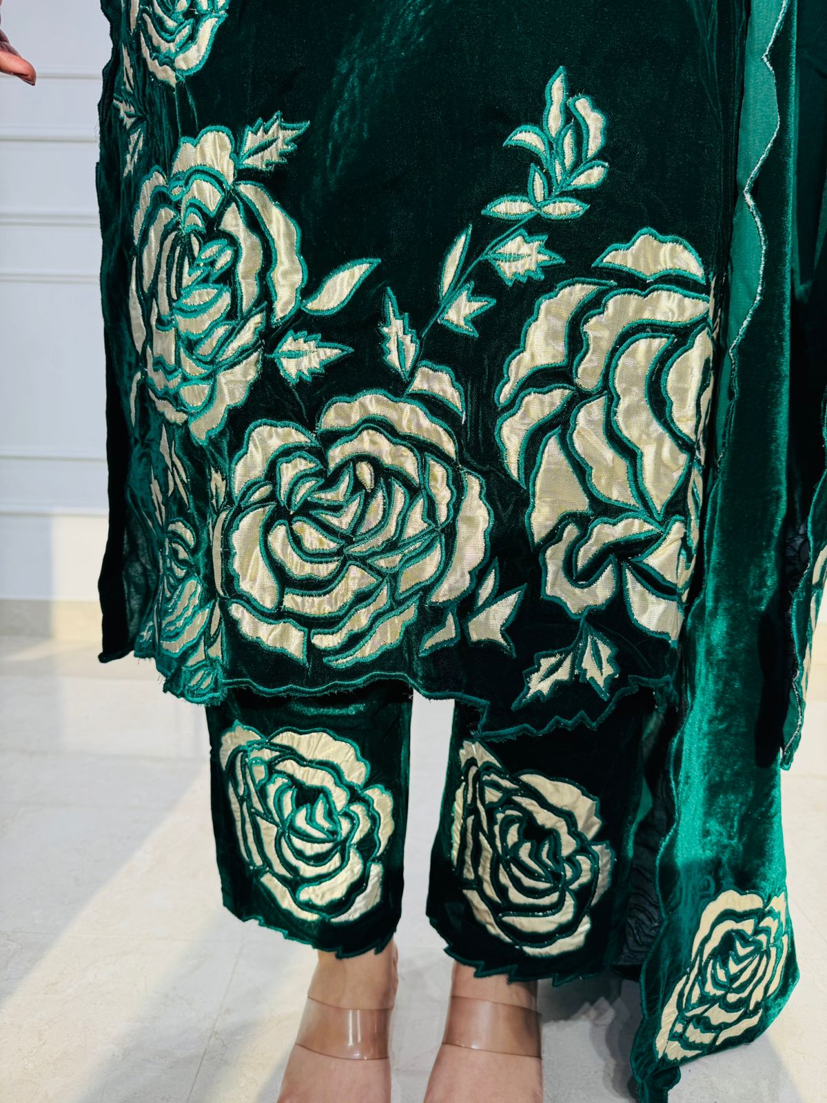 Emerald Green Velvet Floral Suit Set