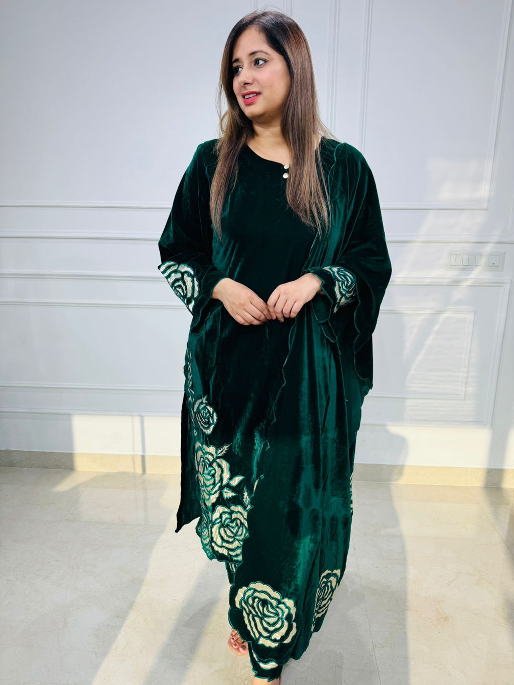 Emerald Green Velvet Floral Suit Set