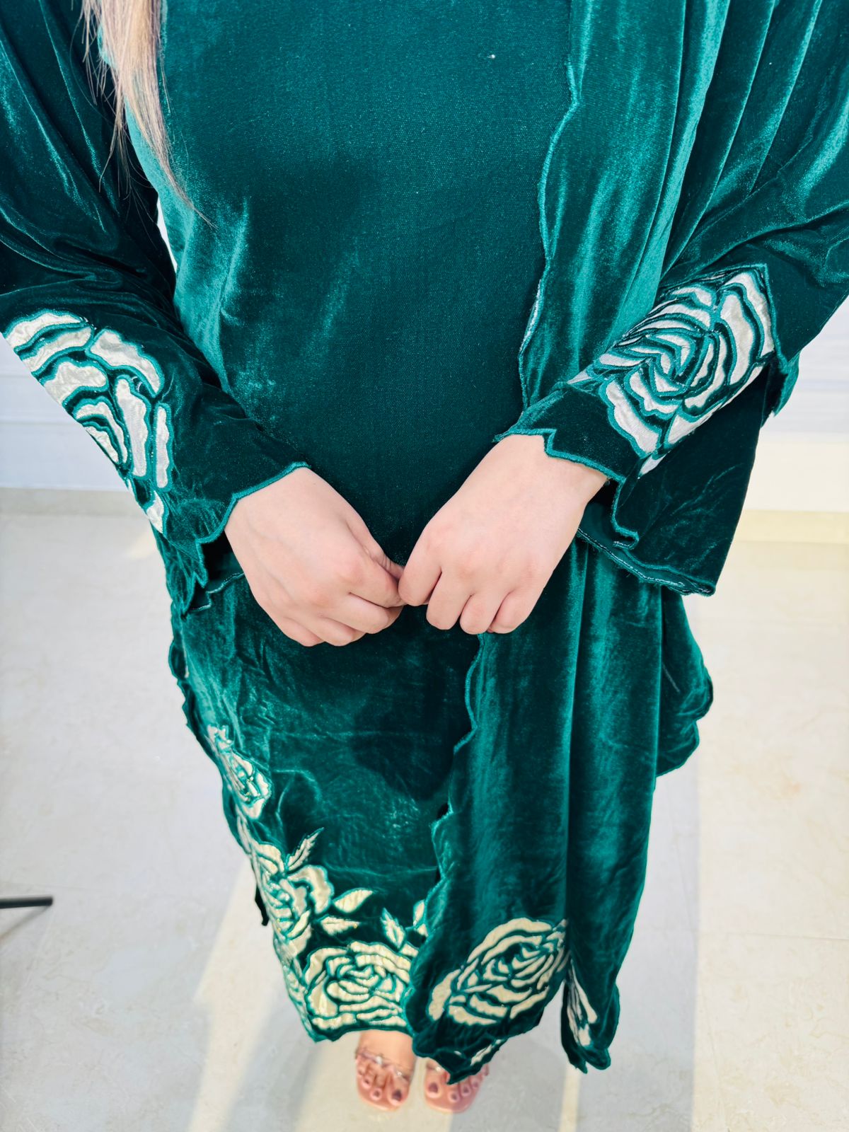 Emerald Green Velvet Floral Suit Set