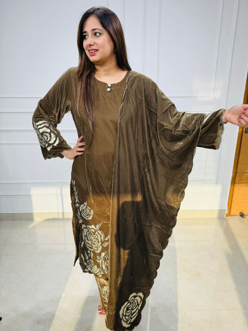 Olivia | Olive Velvet Floral Kaftan Coord Set