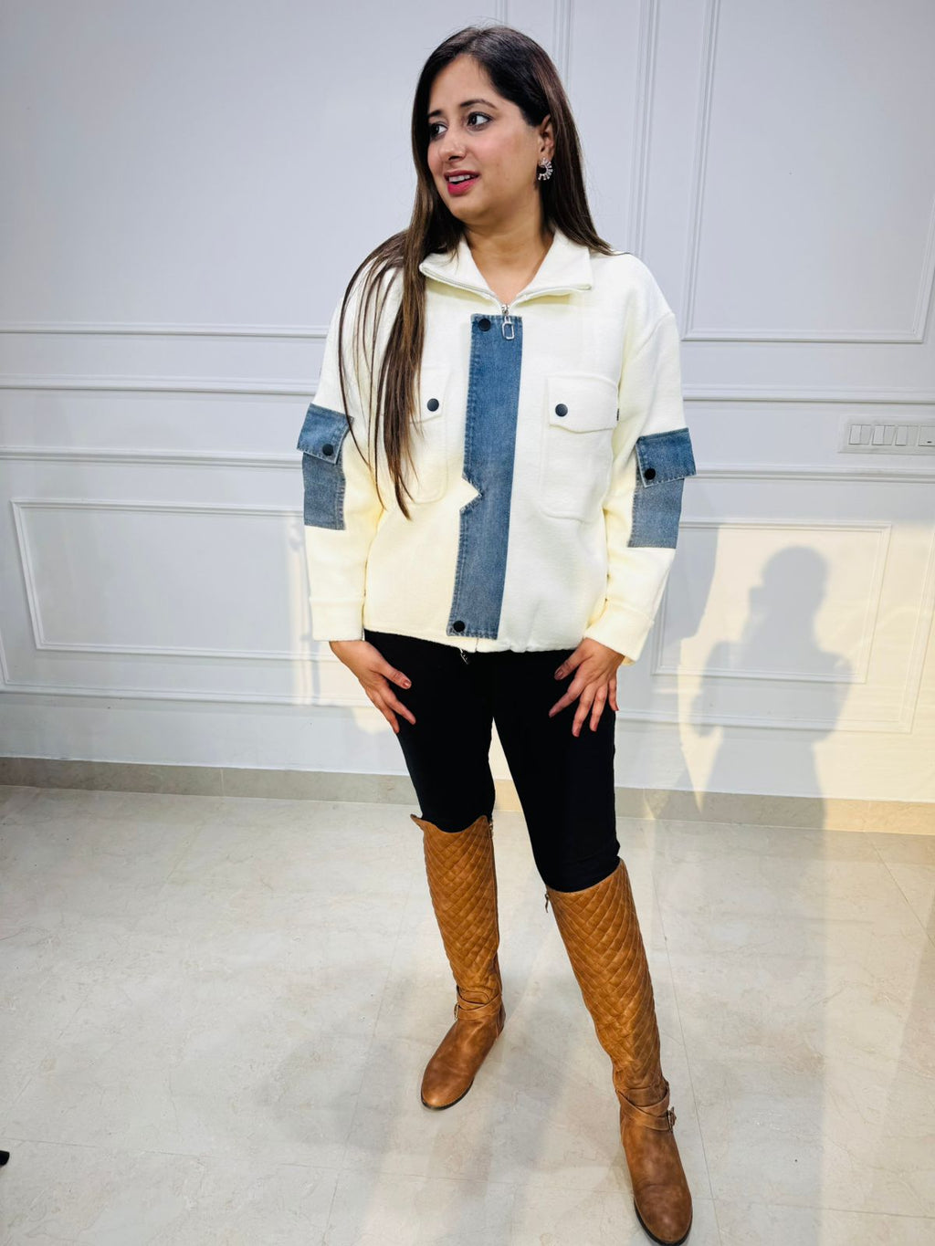 Harper | Cream Jacket with Denim Patch Detailing