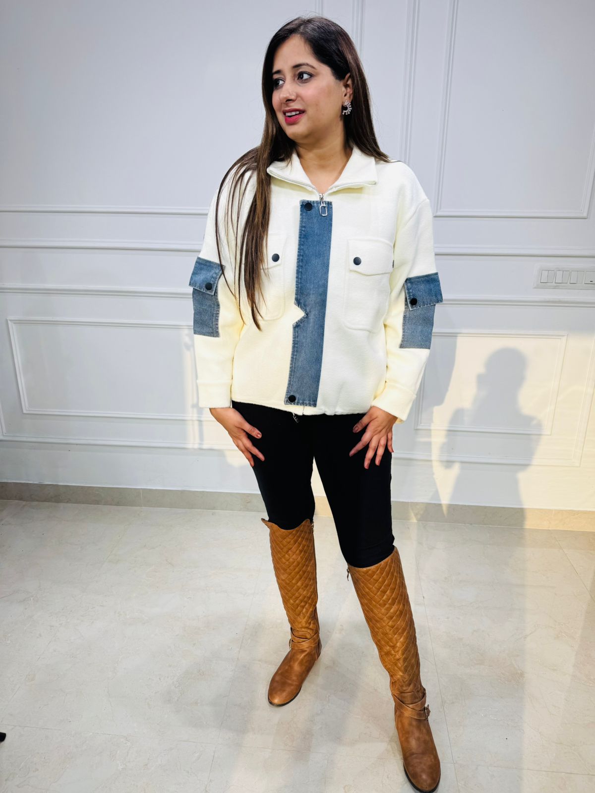 Harper | Cream Jacket with Denim Patch Detailing