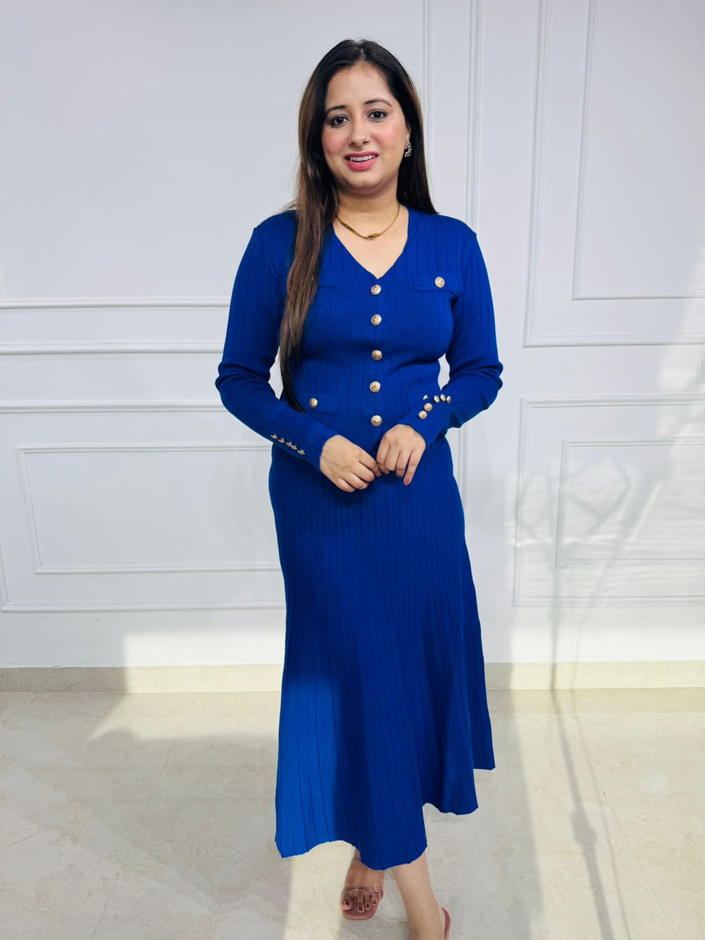 Royale | Cobalt Blue Ribbed Knit Button Dress