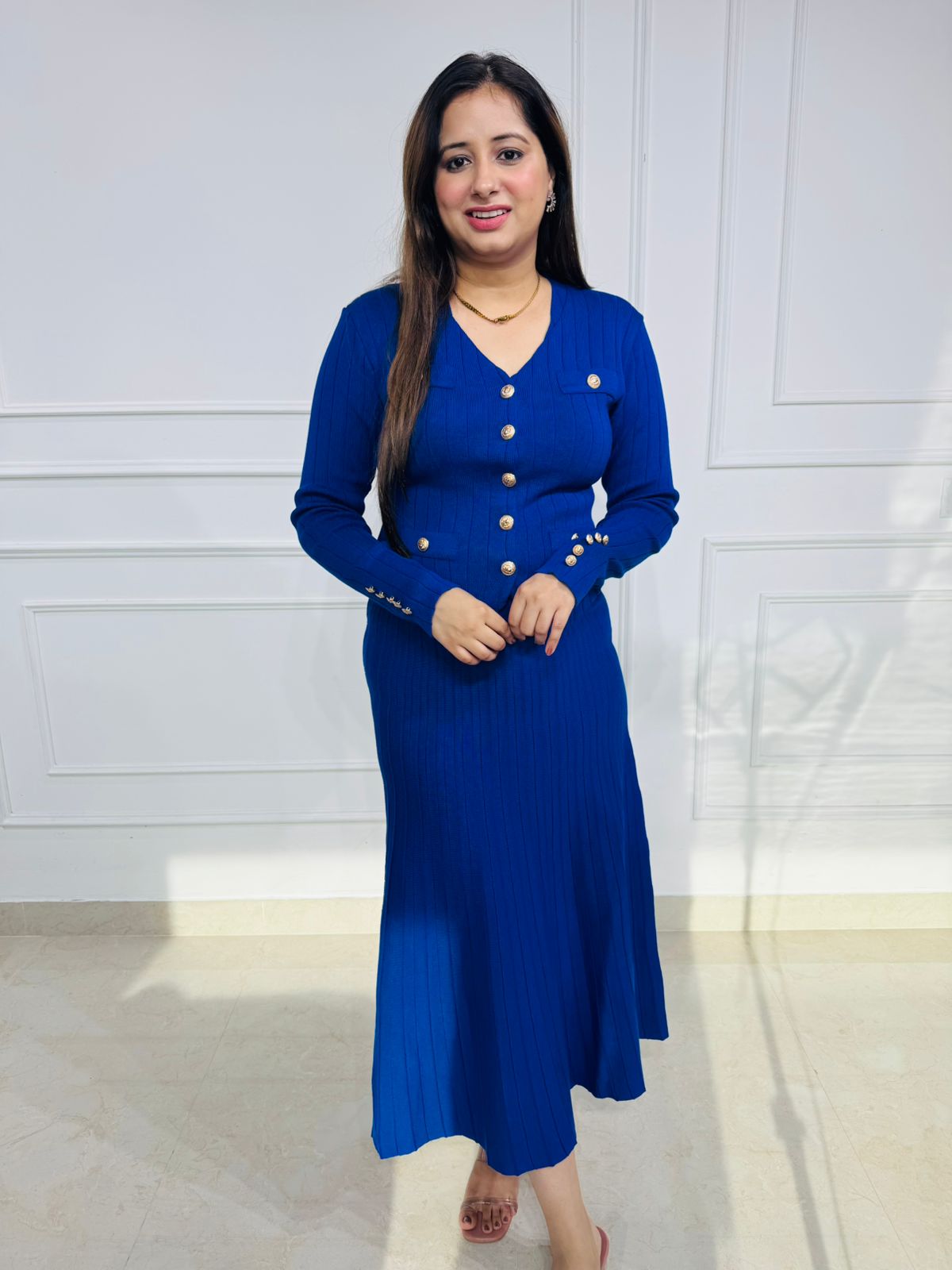 Royale | Cobalt Blue Ribbed Knit Button Dress