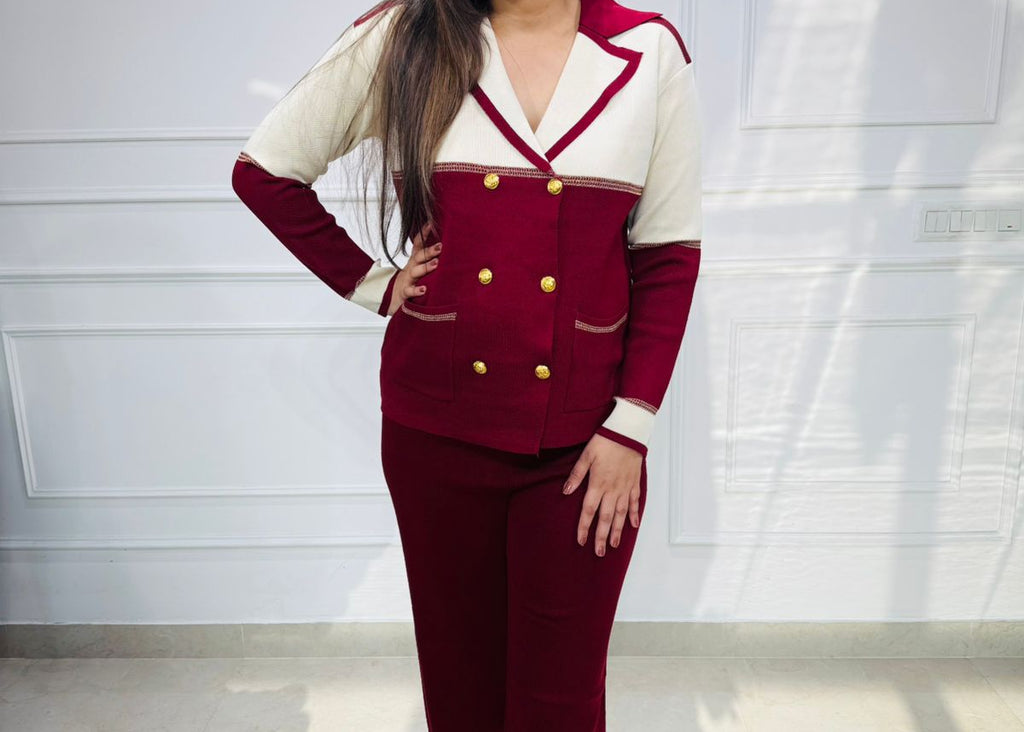 Merlot | Colorblock Gold-Button Knit Coord Set