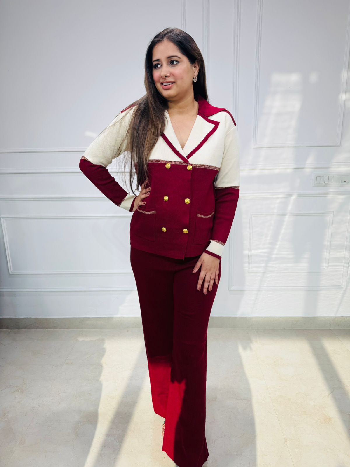 Merlot | Colorblock Gold-Button Knit Coord Set