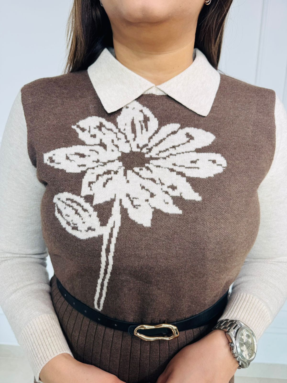 CocoaBloom | Brown & Beige Jacquard Sweater Dress