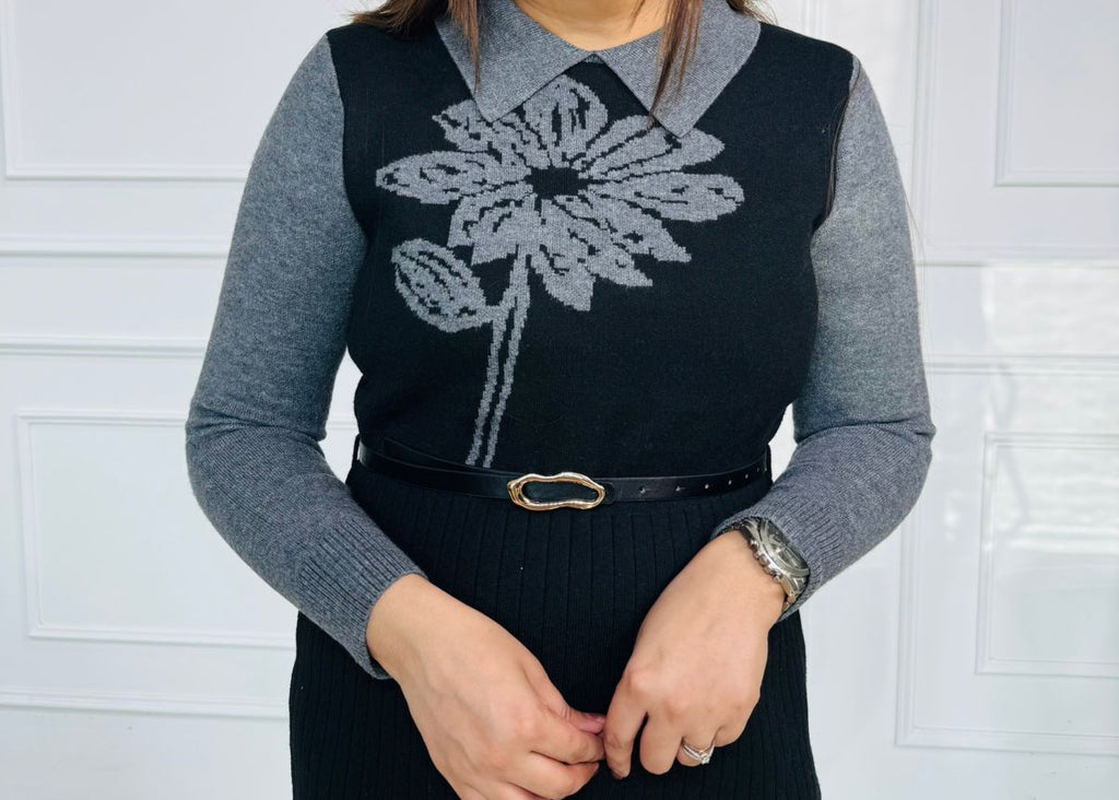 FloraKnit | Grey & Black Jacquard Sweater Dress