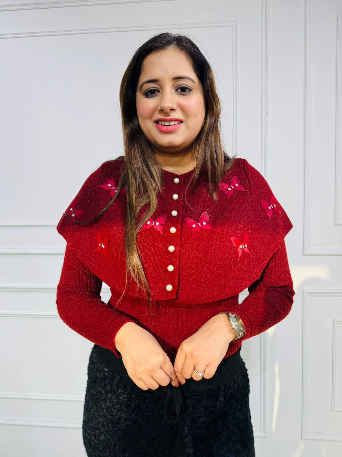 Crimson | Butterfly Pearl-Front Cape Sweater Top