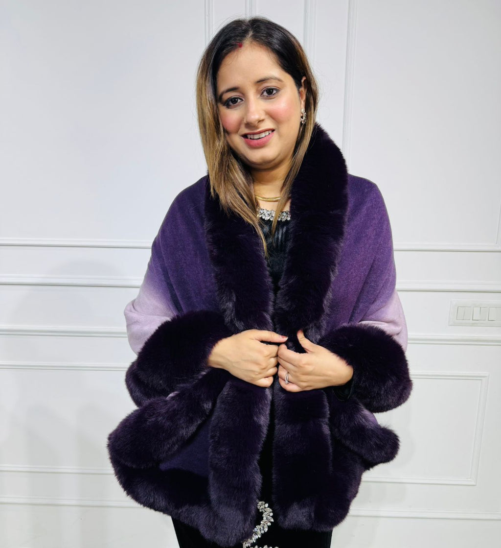 Lushira Shawl | Plush Fur-Trim Ombre Shawl – Deep Purple