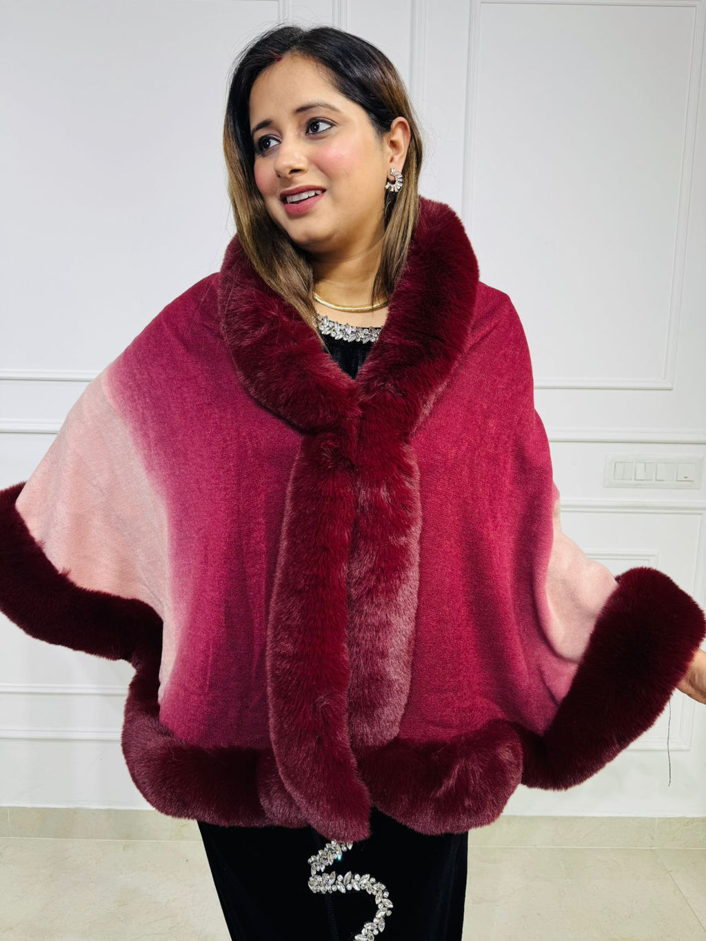 Lushira Shawl | Plush Fur-Trim Ombre Shawl – Deep Purple