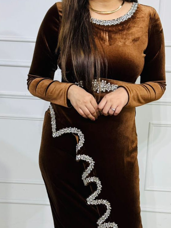 Tina | Chocolate Velvet Embellished Bodycon Dress