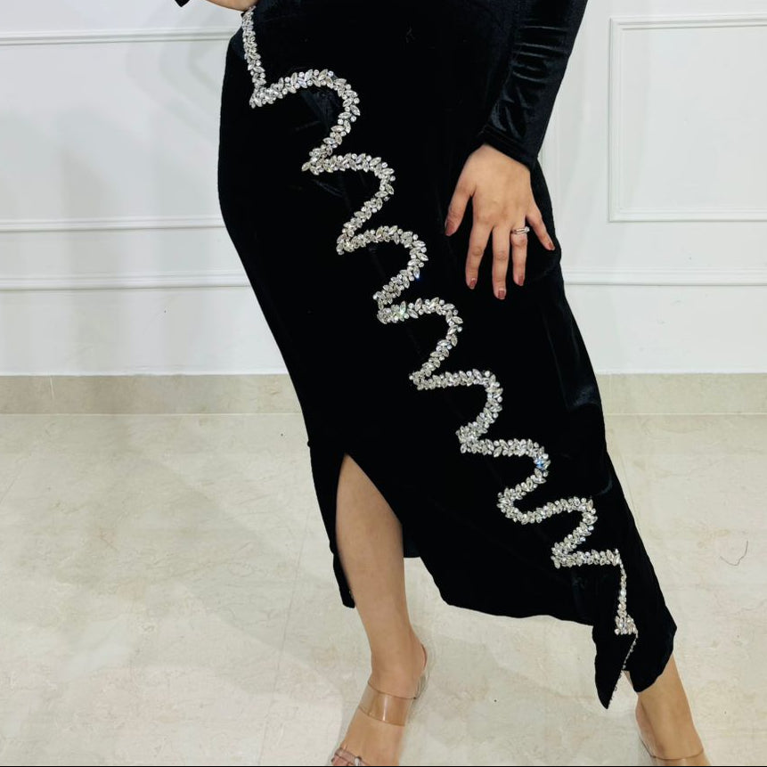 Wave | Black Velvet Embellished Spiral Dress