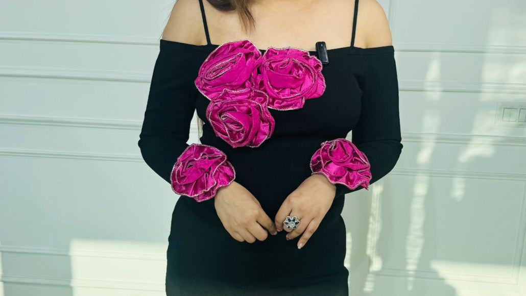 Rose | Black Off-Shoulder Bodycon Dress with Fuchsia 3D Roses