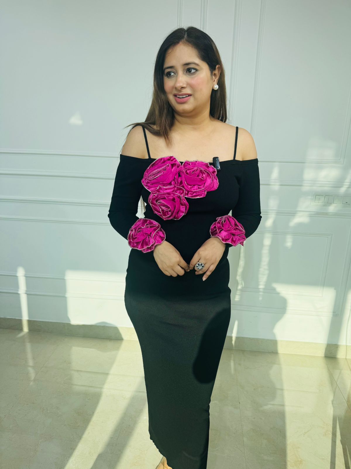 Rose | Black Off-Shoulder Bodycon Dress with Fuchsia 3D Roses