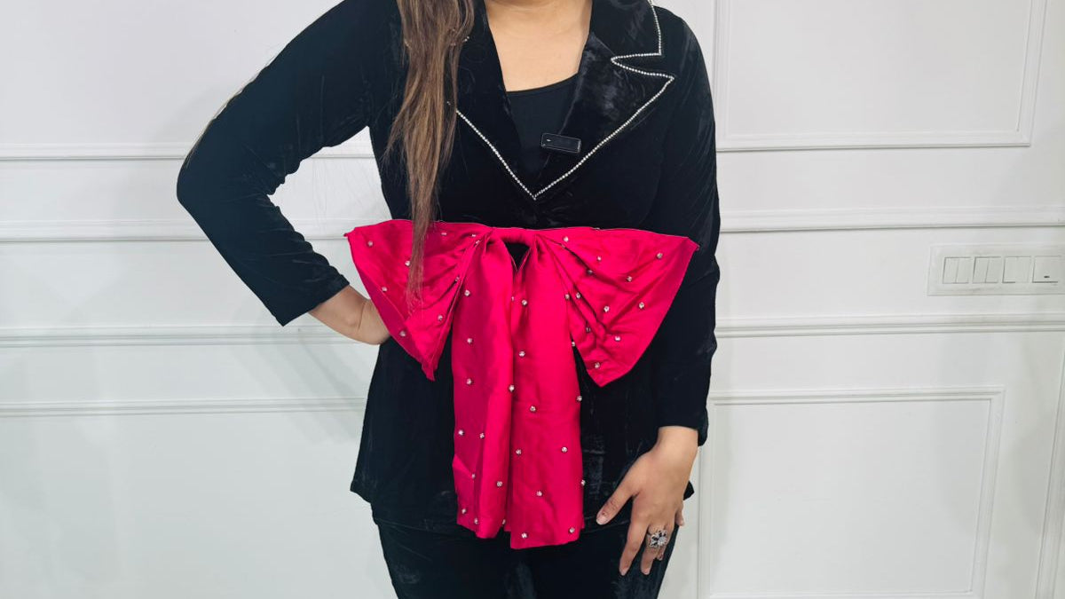 Black Velvet Co-ord with Statement Fuchsia Bow