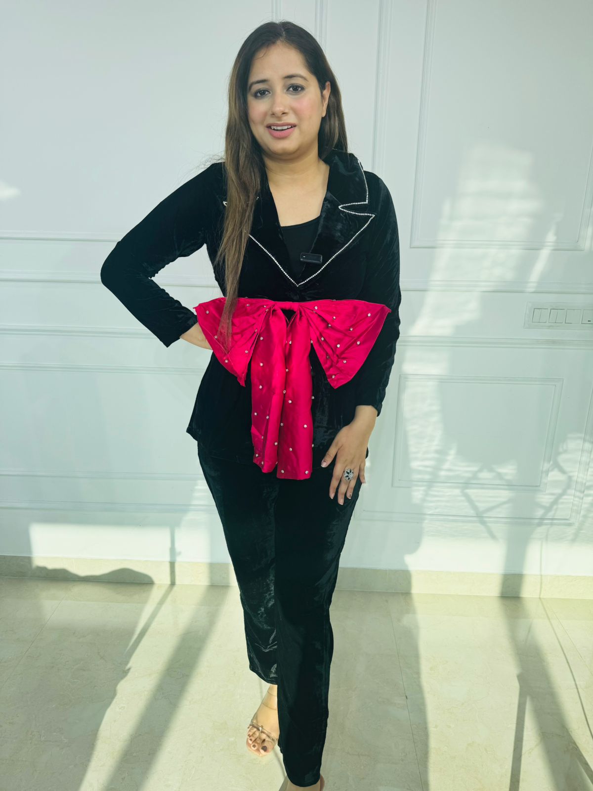 Black Velvet Co-ord with Statement Fuchsia Bow