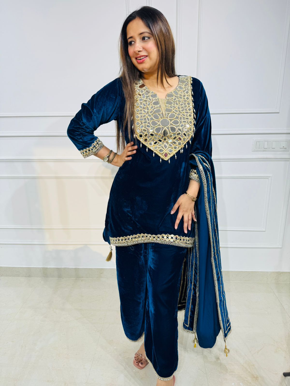 Velvet Pakistani Suit with Heavy Neck Embroidery & Dupatta