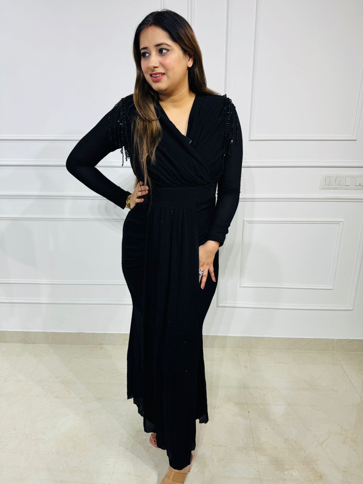 Silqora | Black Beaded Shoulder Maxi Gown