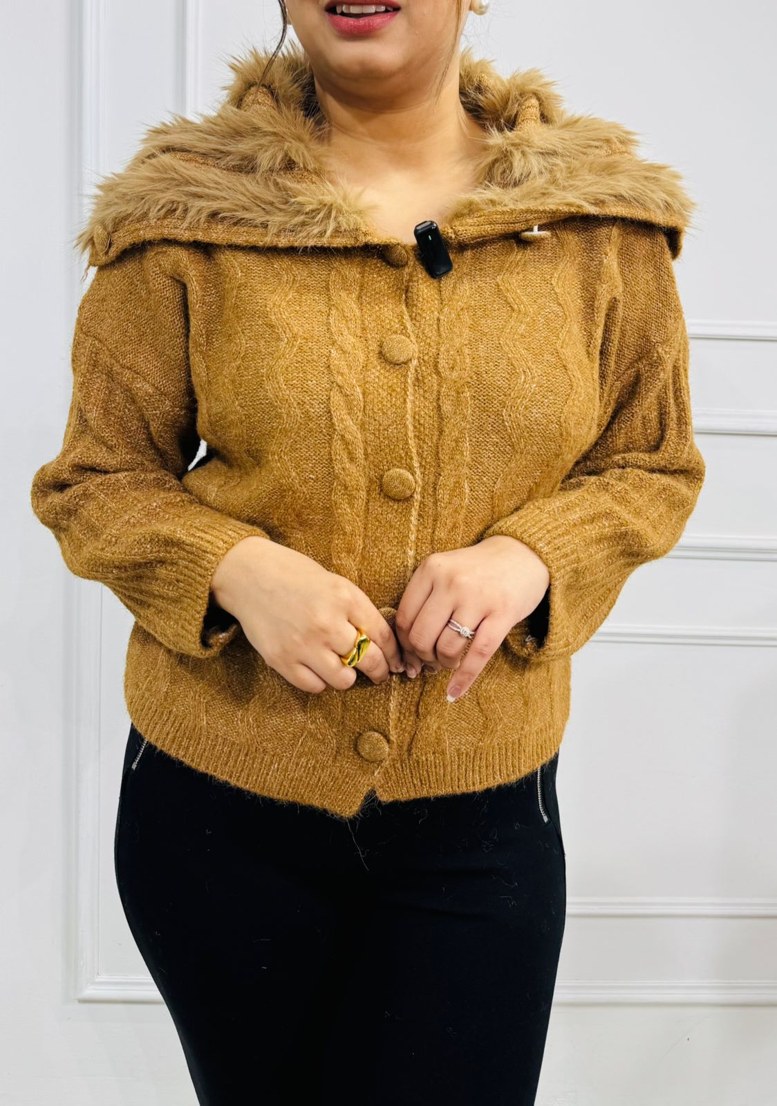 Amberi Fur-Hooded Cable Knit Cardigan