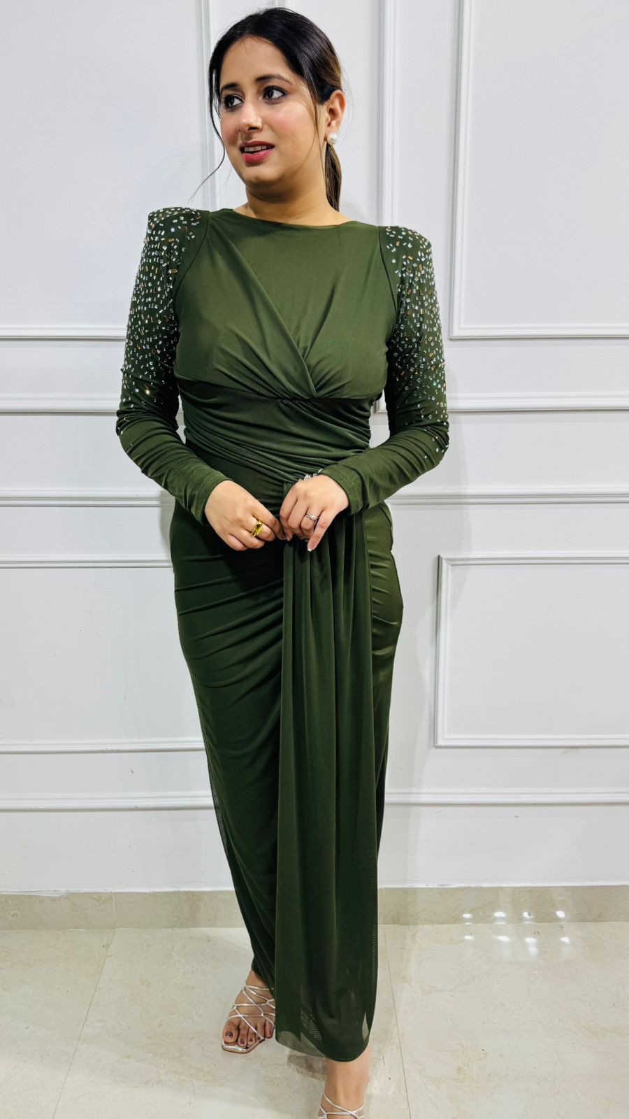 Elowen | Olive Embellished Draped Gown