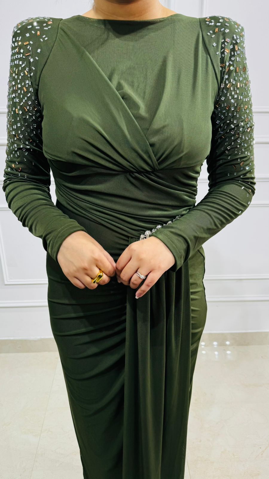 Elowen | Olive Embellished Draped Gown