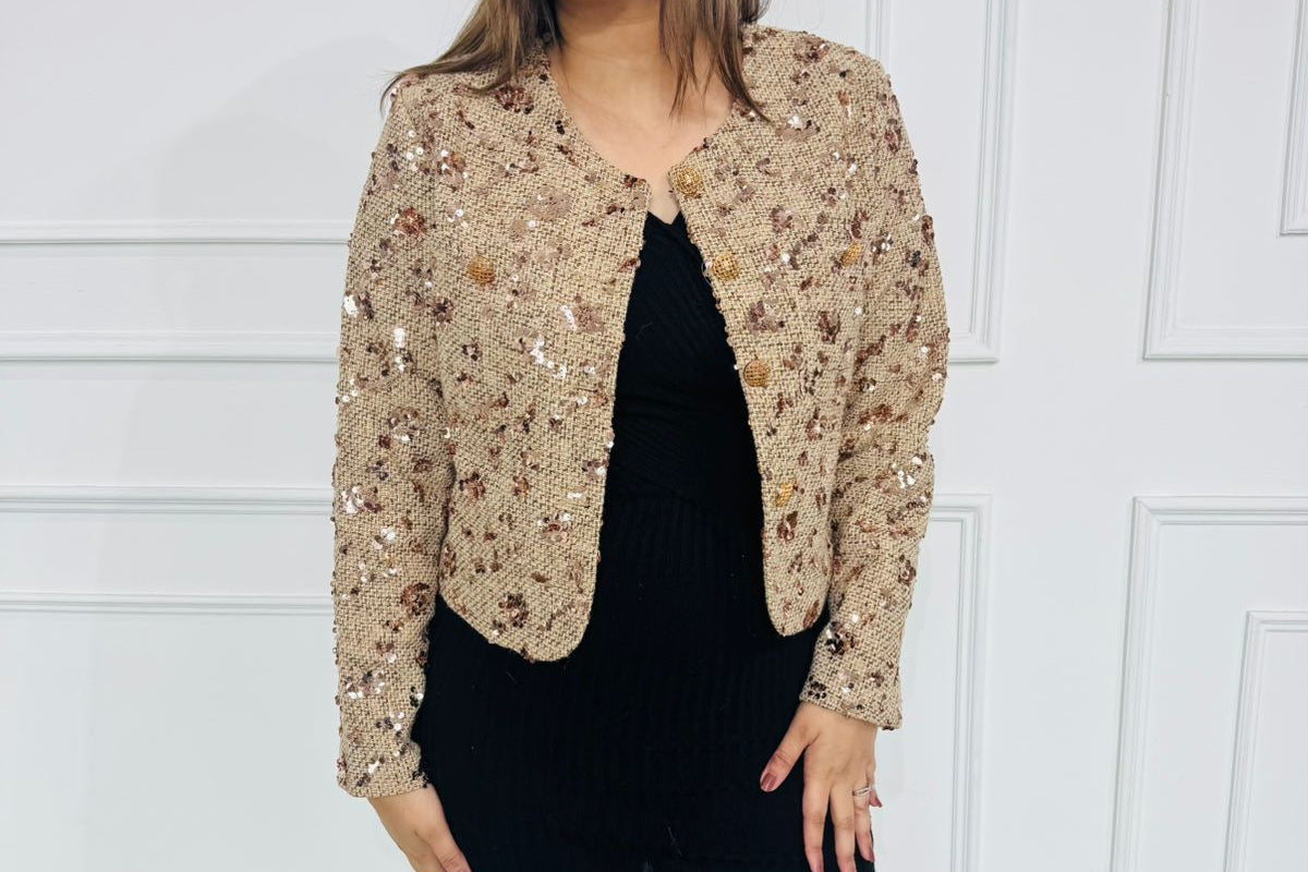 Glimmer | Champagne Sequin Tweed Cropped Jacket