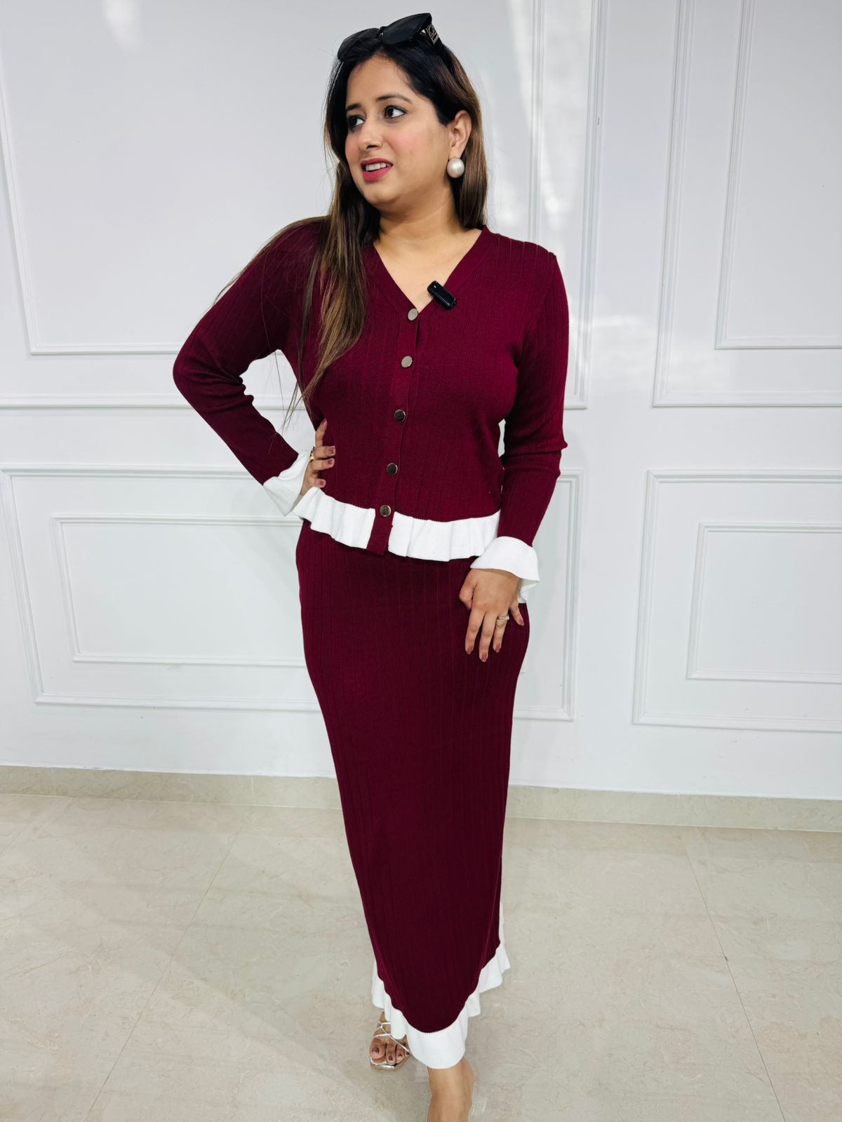 Winewave | Ribbed Knit Co-ord Set with Contrast Ruffles