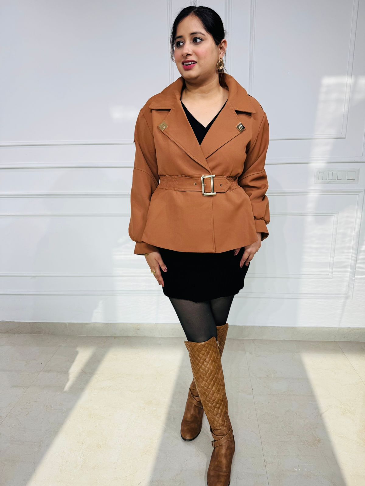 Caramelyn | Camel Belted Trench Jacket for Women – Peplum Style Winter Layer