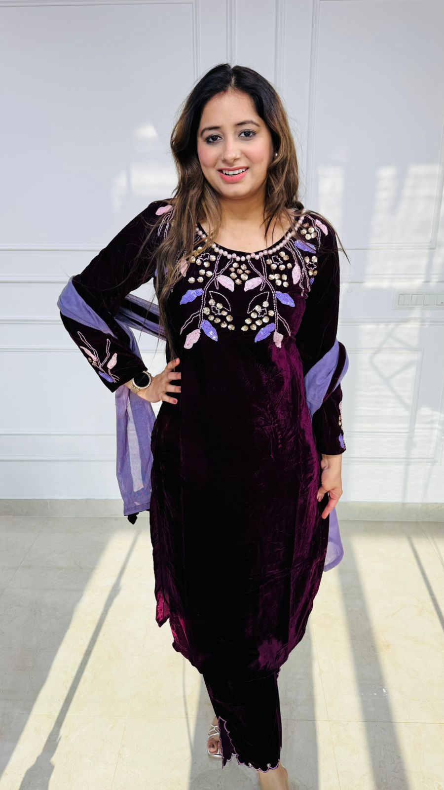 Leaf | Glow Velvet Embroidered Kurta Set with Contrast Dupatta